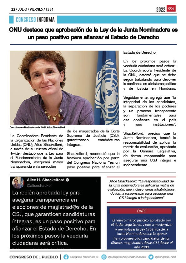 ONU destaca aprobación de Ley de la Junta Nominadora 